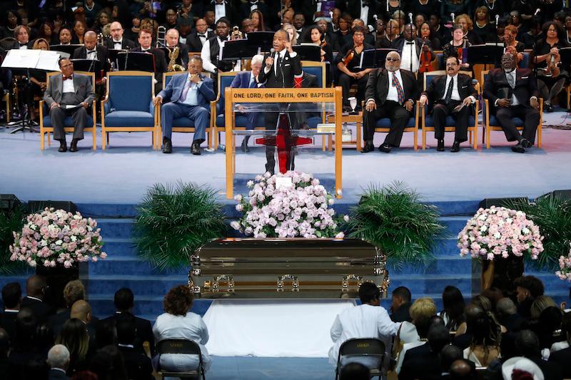 Rev. Al Sharpton speaks during the funeral service for Aretha Franklin at Greater Grace Temple, on Aug. 31, 2018, in Detroit. (Paul Sancya/AP)