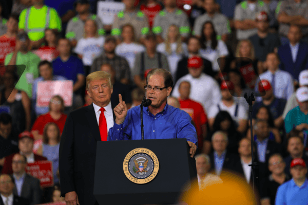 Senate hopeful Mike Braun speaks at President Donald Trump’s Make America Great Again rally in Evansville, Ind., on Aug. 30, 2018. (Charlotte Cuthbertson/The Epoch Times)