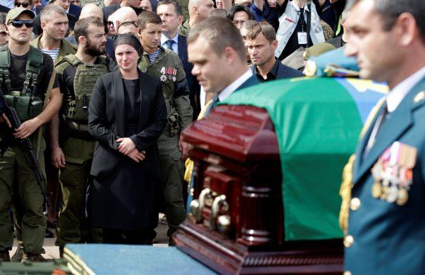 Natalia Zakharchenko the widow of the leader of the self-proclaimed Donetsk People's Republic Alexander Zakharchenko mourns during his funeral in Donetsk, Ukraine, Sept. 2, 2018. (Alexander Ermochenko/Reuters)