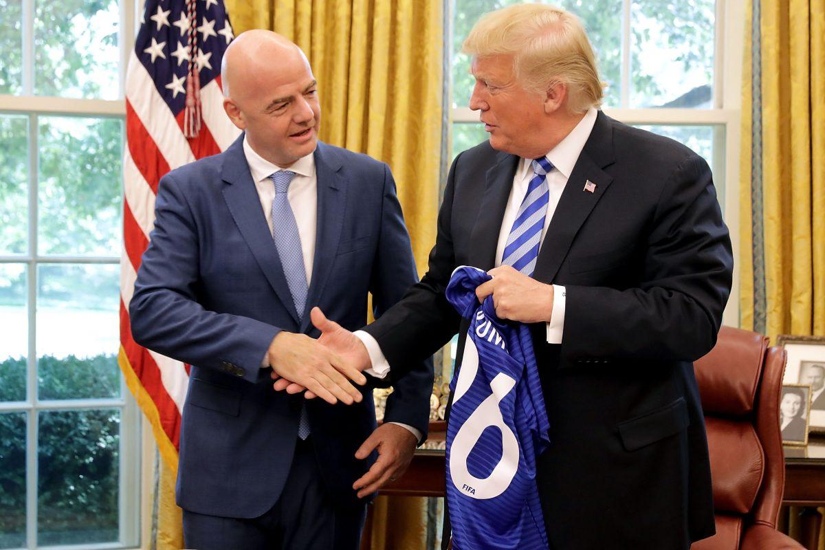 President Donald Trump and FIFA President Gianni Infantino shake hands in the Oval Office at the White House on Aug. 28, 2018. The 2026 FIFA World Cup will be jointly hosted by the United States, Canada, and Mexico and will be the first World Cup in history to be held in three countries simultaneously. (Chip Somodevilla/Getty Images)