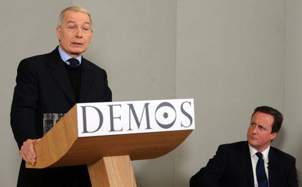 Frank Field (L) speaks at a think-tank event alongside David Cameron (R) in London, on Jan. 11, 2010. (Andrew Parsons /Conservative Party via Getty Images)