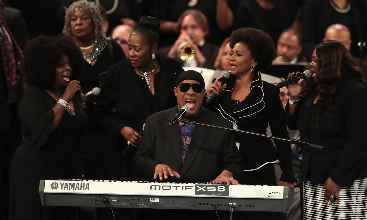 Stevie Wonder performs at the funeral for Aretha Franklin at the Greater Grace Temple in Detroit, Michigan on August 31, 2018. (Scott Olson/Getty Images)