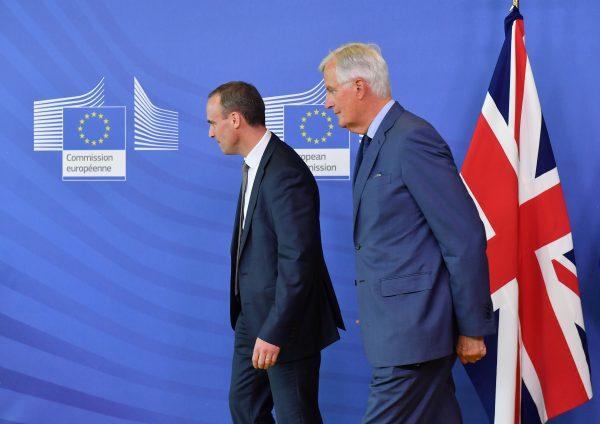 EU Chief Brexit Negotiator Michel Barnier (R) meets Britain's Brexit Secretary Dominic Raab at the European Commission in Brussels on August 31, 2018. (Emmanuel Dunand/AFP/Getty Images)