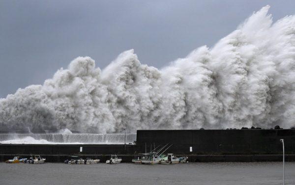 High waves triggered by Typhoon Jebi are seen at a fishing port in Aki, Kochi Prefecture, western Japan, in this photo taken by Kyodo September 4, 2018. (Kyodo/Reuters)