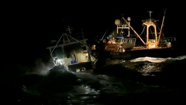French and British fishing boats collide over scallop fishing rights in the English Channel on Aug. 28, 2018. (France 3 Caen/via Reuters)