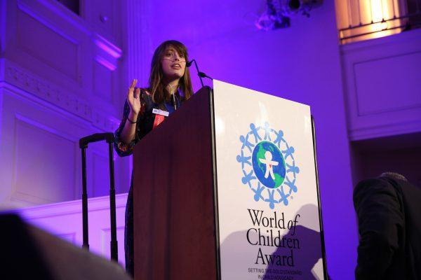 Honoree Claire Wineland speaks on stage during the World of Children Awards Ceremony in New York City on Oct. 27, 2016. (Robin Marchant/Getty Images for World Of Children)