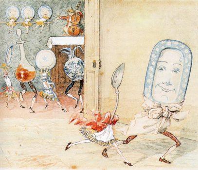 Children love nursery rhymes, a reason to consider rhyming a potent literary form. "And the Dish Ran Away with the Spoon," from “Hey Diddle Diddle and Bye, Baby Bunting,” 1882, by Randolph Caldecott. British. London: George Routledge and Sons, 1882. (Public Domain)