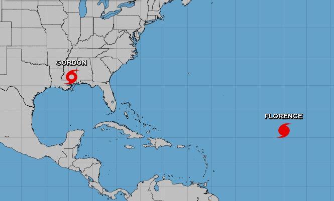The current location of Hurricane Florence (R), and Hurricane Gordon, as of 5 a.m. EDT on Sept. 5, 2018. (National Hurricane Center)
