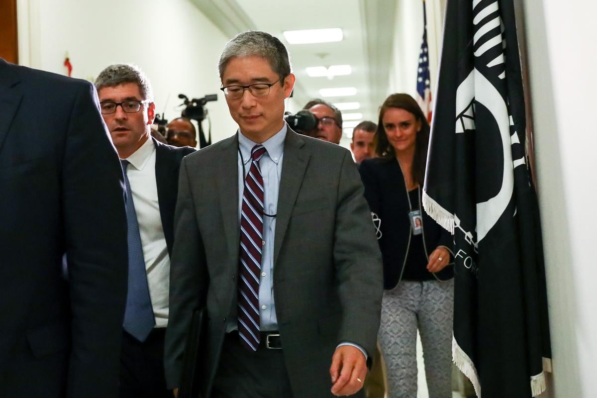 Bruce Ohr (C), a Justice Department official demoted from the posts of associate deputy attorney general and director of the Organized Crime Drug Enforcement Task Force, leaves for a lunch break from a closed hearing with the House Judiciary and House Oversight and Government Reform committees on Capitol Hill in Washington, on Aug. 28, 2018. (Samira Bouaou/The Epoch Times)