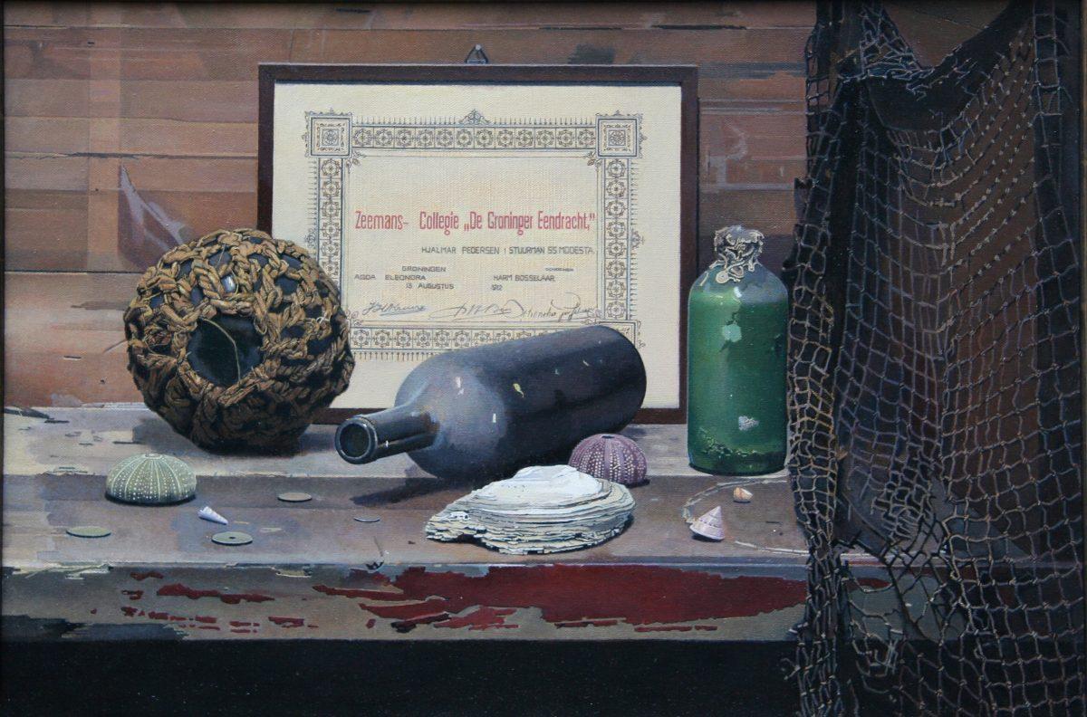 "Vita Brevis," 2012, by Atle Skudal. Oil on canvas, 24.4 inches by 16.5 inches. The idea behind the painting, according to International Artist magazine, is the basic protection for individuals against arbitrary force, which took some important steps beyond national jurisdictions toward a global legal community in the aftermath of World War II. The diploma in the painting was awarded to Skudal’s grandfather, who was the captain of a Norwegian ship, for saving a Dutch crew after a shipwreck. (Courtesy of Atle Skudal)