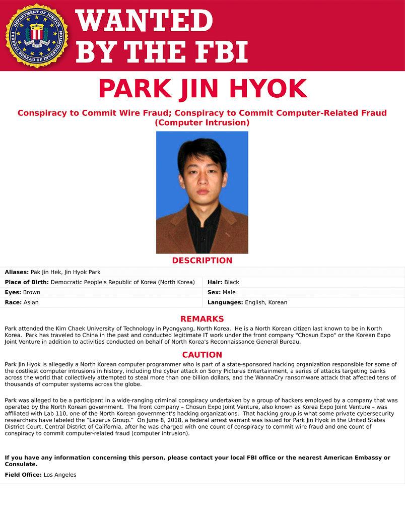 This wanted poster released by the FBI shows a photo of Park Jin Hyok. Hyok, a computer programmer accused of working at the behest of the North Korean government, was charged on Sept. 6, 2018. (FBI via AP)