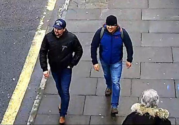 Novichok poisoning suspects Boshirov (L) and Petrov are shown on CCTV on Fisherton Road, Salisbury, UK, on March 4, 2018. (Metropolitan Police)