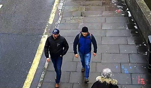 Novichok poisoning suspects Ruslan Boshirov (L) and Alexander Petrov (likely both aliases) are shown on CCTV in the area of the Salisbury home of former Russian spy Sergei Skripal on March 4, 2018. (Metropolitan Police)