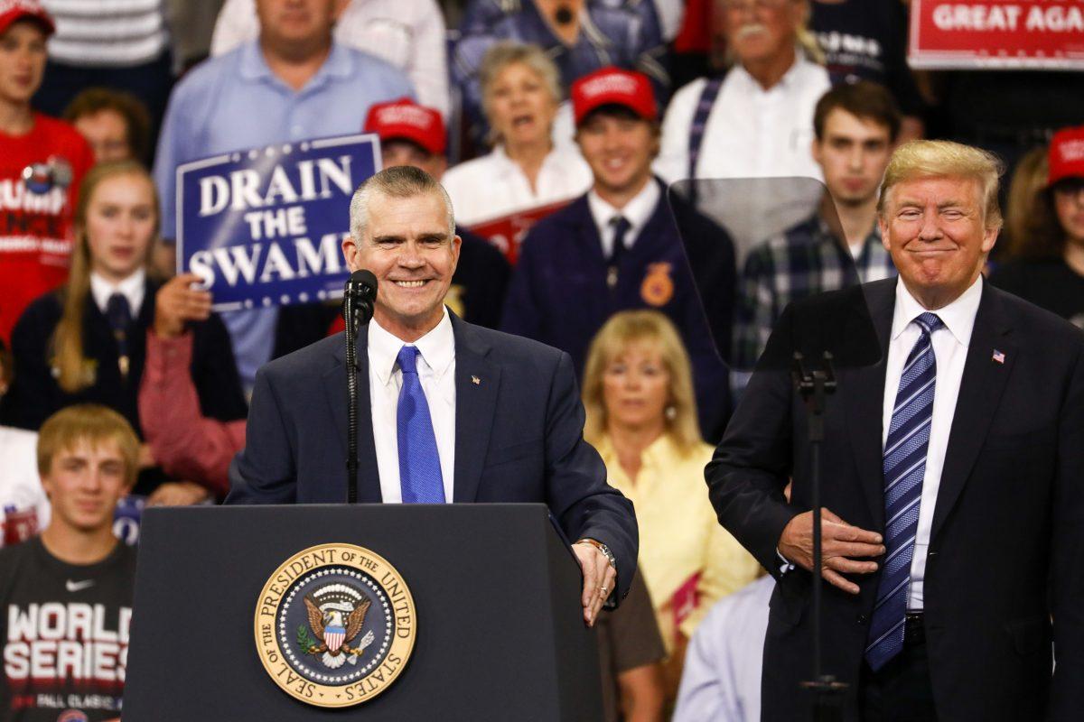 Republican Senate candidate for Montana Matt Rosendale and President Donald Trump at a Make America Great Again rally in Billings, Mont., Sept. 6, 2018. (Charlotte Cuthbertson/The Epoch Times)