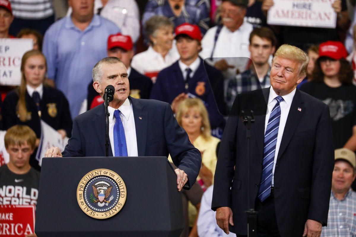 Republican Senate candidate for Montana Matt Rosendale speaks at President Donald Trump’s Make America Great Again rally in Billings, Mont., Sept. 6, 2018. (Charlotte Cuthbertson/The Epoch Times)