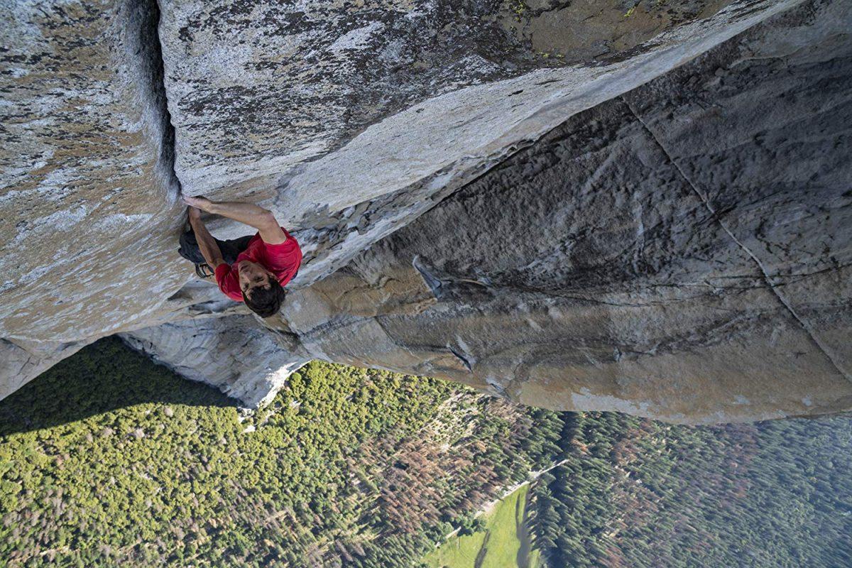 Alex Honnold free soloing El Capitan, here about 2,000 feet off the deck, with no rope, in “Free Solo.” (National Geographic Documentary Films)