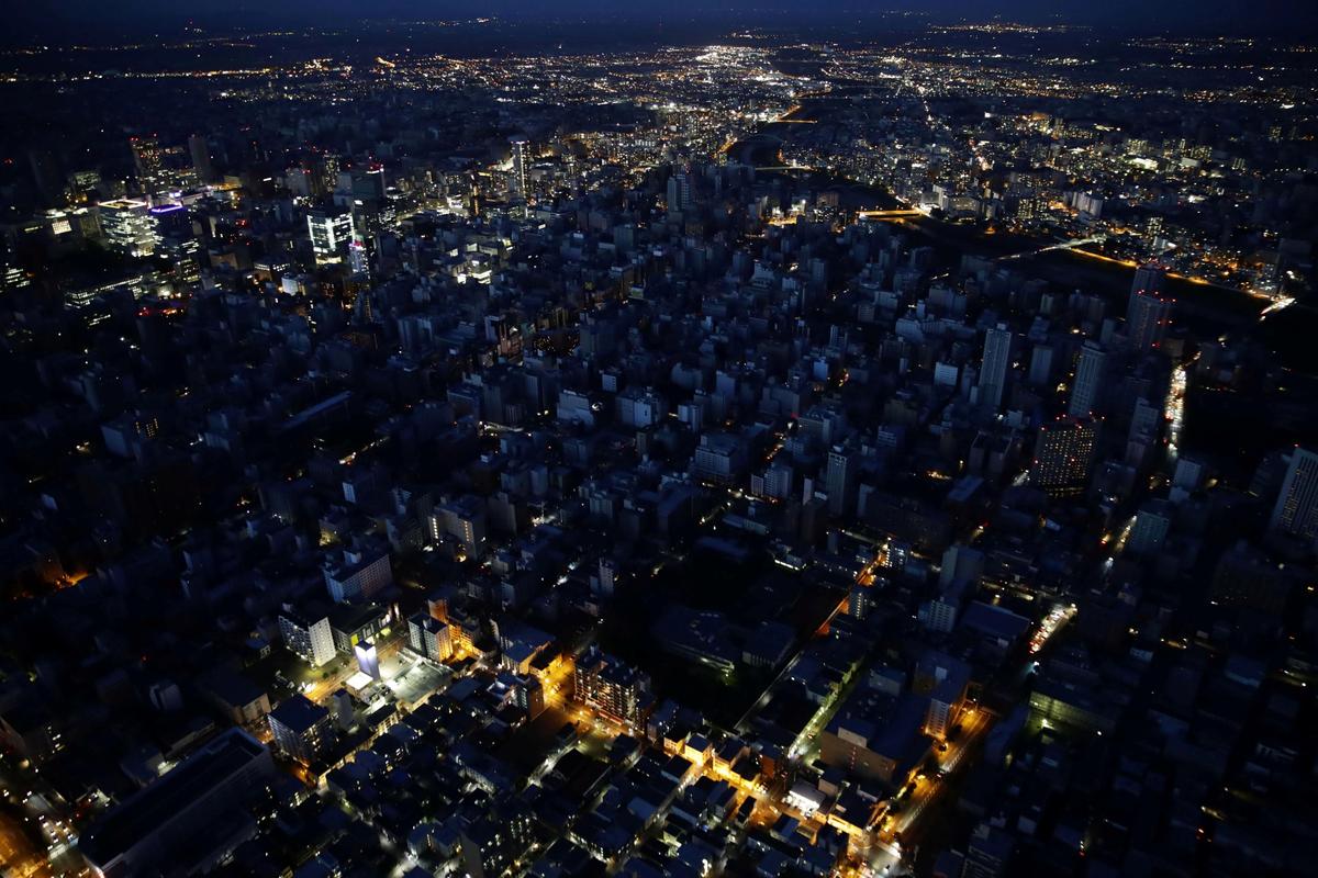 An aerial view shows central Sapporo city during blackout after an earthquake hit the area in Sapporo, Hokkaido. (Kyodo/via Reuters)