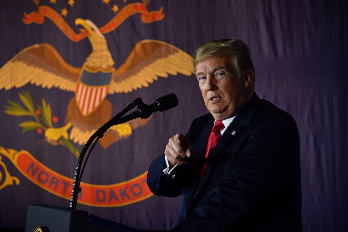 President Donald Trump speaks at a Joint Fundraising Committee in Fargo, N.D., on Sept. 7, 2018. (NICHOLAS KAMM/AFP/Getty Images)