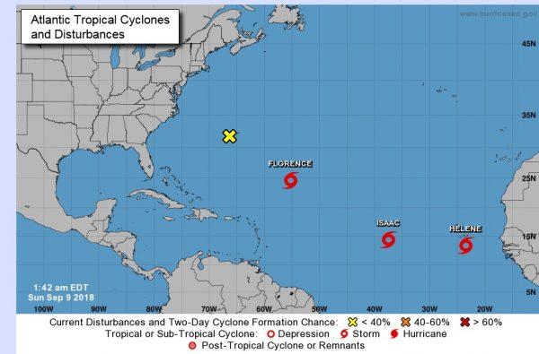 A map showing tropical cyclones and disturbances in the Atlantic region, published by the NOAA National Weather Service Hurricane Center on Sept. 9, 2018. (NOAA)