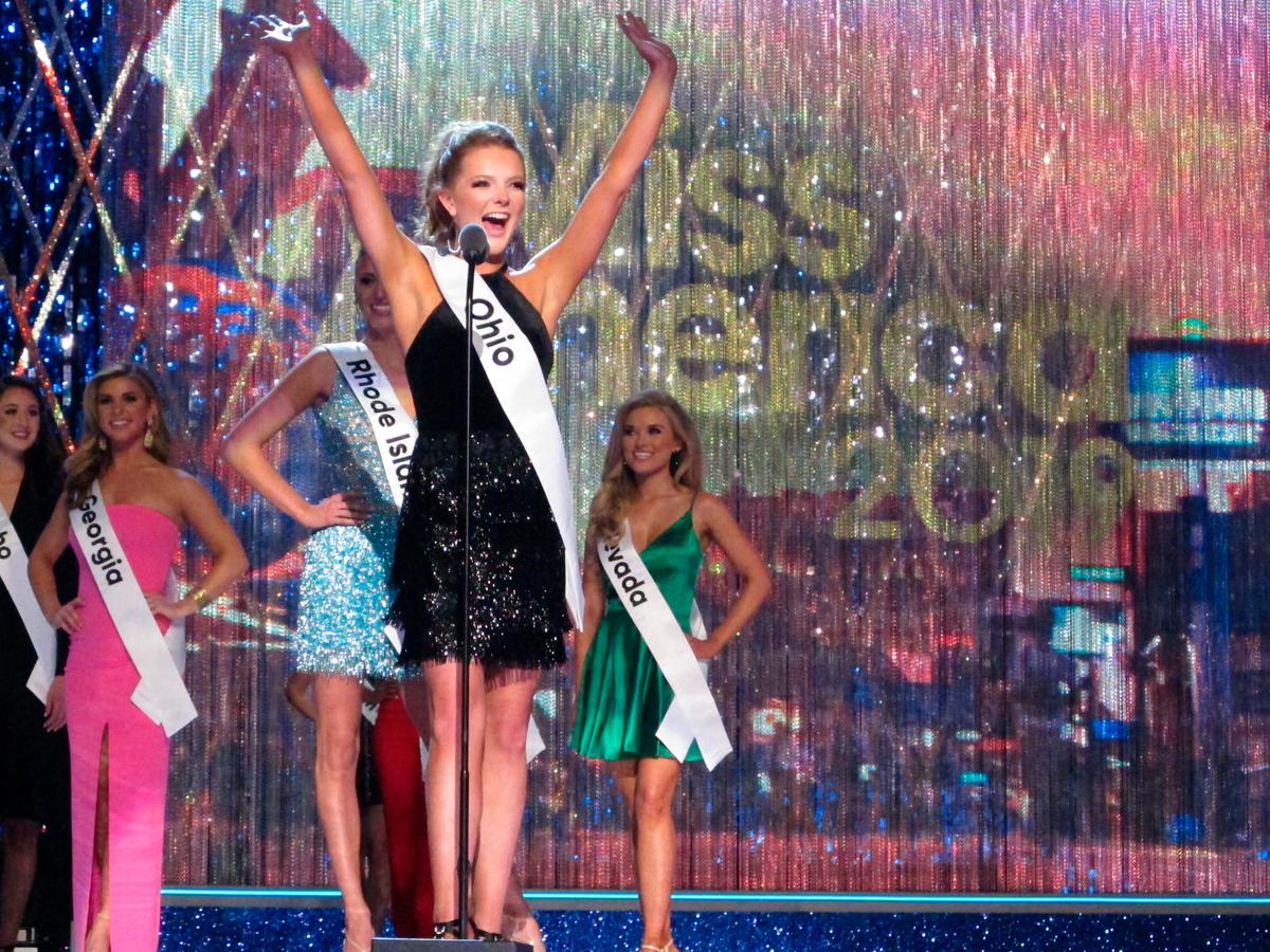 Miss Ohio Matti-Lynn Chrisman introduces herself at the start of the third and final night of preliminary competition at the Miss America competition in Atlantic City, N.J., on Friday Sept. 7, 2018. (Wayne Parry/AP Photo)