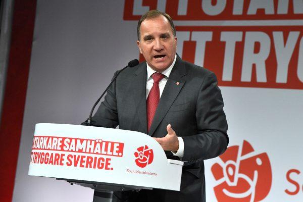 Prime minister and party leader of the Social Democrat party Stefan Lofven addresses supporters at an election night party following general election results in Stockholm on Sept. 9, 2018. (Claudio Bresciani/AFP/Getty Images)