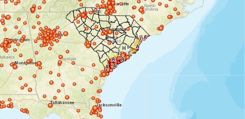 The evacuation zones, which are marked with A, B, or C, in South Carolina ahead of Hurricane Florence (SCEMD)