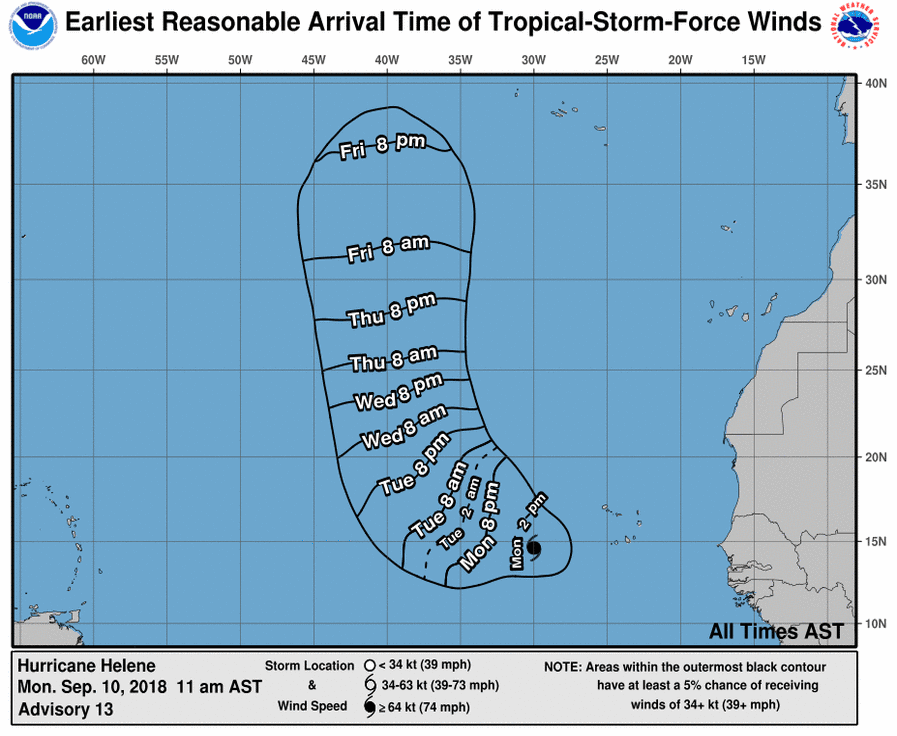 Hurricane Helene is a Category 2 hurricane with 105 mph winds, and it is located 375 miles west of the Cabo Verde Islands, moving 16 mph to the west-northwest. (NOAA/NHC)