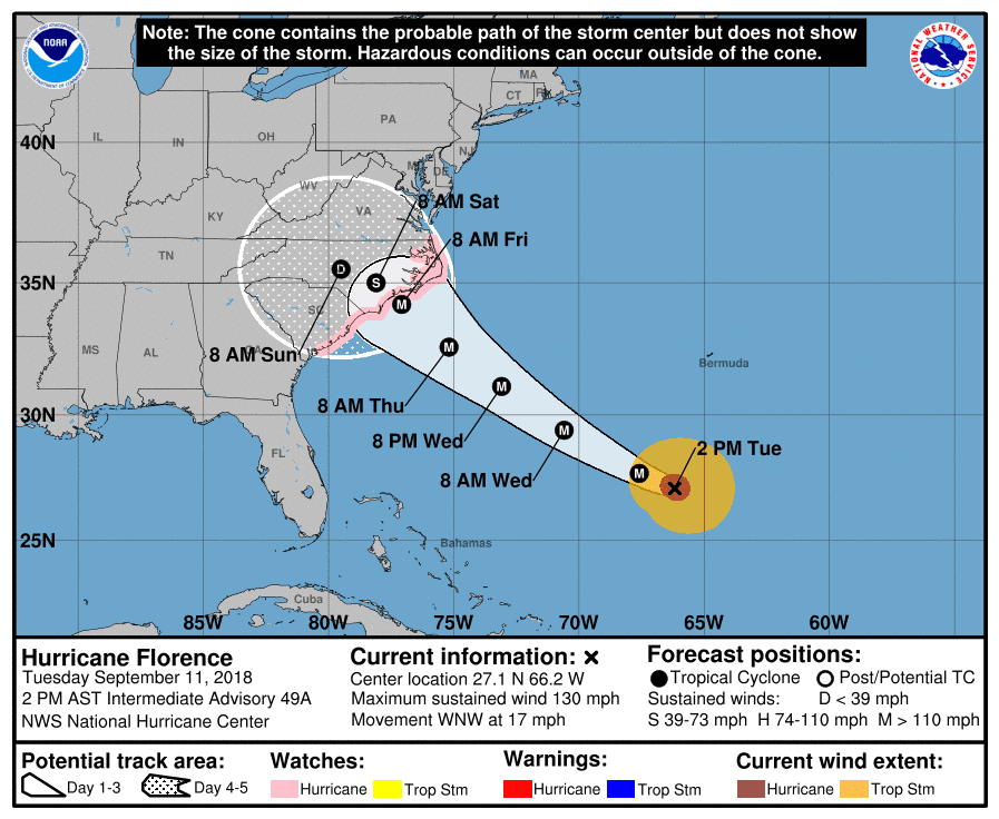 Hurricane Florence is continuing to move west-northwest and is still forecast to hit North Carolina and South Carolina, bringing destructive storm surge, rains, and wind. (NHC)
