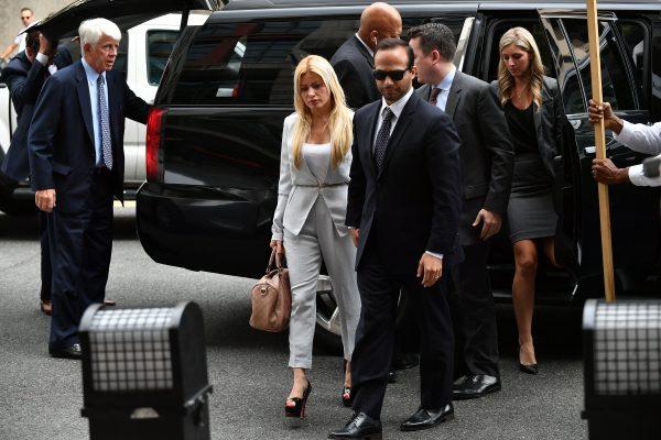 Former advisor to US President Donald Trump's election campaign, George Papadopoulos, and his wife, Simona Mangiante Papadopoulos, arrive at US District Court in Washington on Sept. 7, 2018. (Mandel Ngan/AFP/Getty Images)