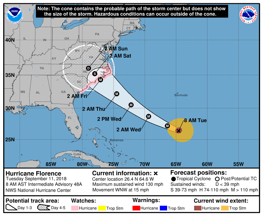 A forecast for Hurricane Florence shows the projected path, issued by the National Weather Service on Sept. 11, 2018. (NWS)