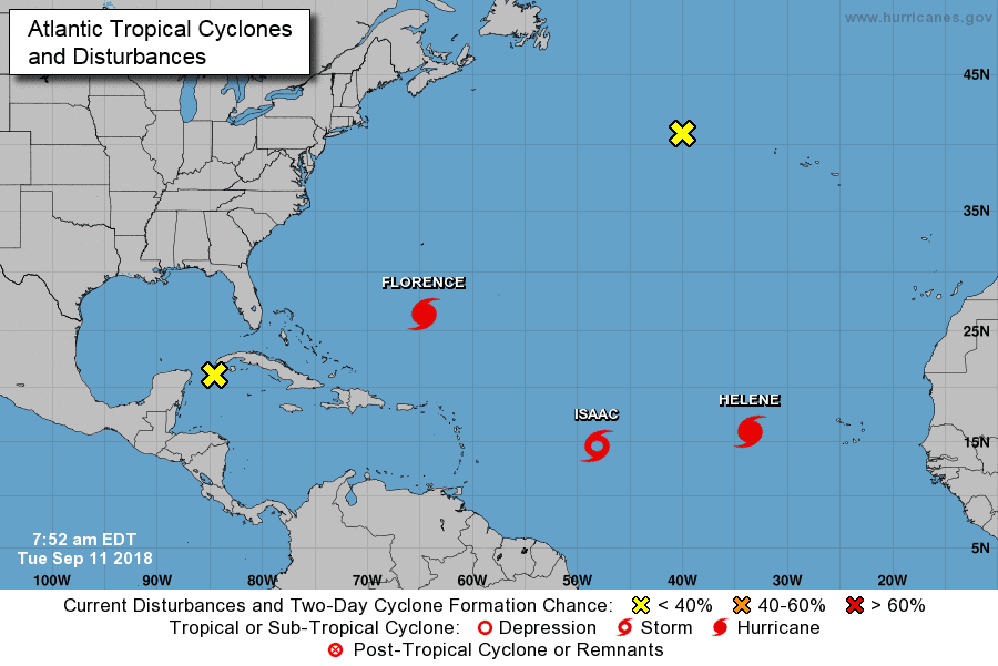 A map from the National Hurricane Center shows the locations of three major storms weather experts are tracking: Hurricane Helene, Tropical Storm Isaac, and Hurricane Florence, on Sept. 11, 2018. (National Hurricane Center)