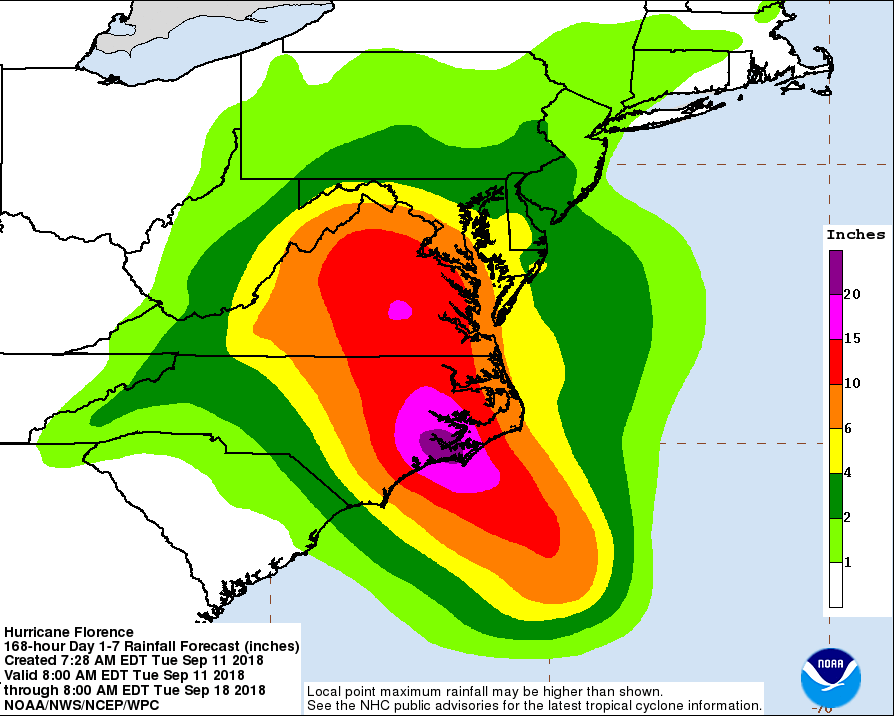 Predicted rainfall totals for Hurricane Florence. (NHC)