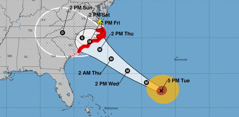 Hurricane warnings have been issued by the U.S. National Hurricane Center for portions of South Carolina and North Carolina due to Hurricane Florence, according to the agency’s 5 p.m. update on Sept. 11, 2018. (NOAA / NHC)
