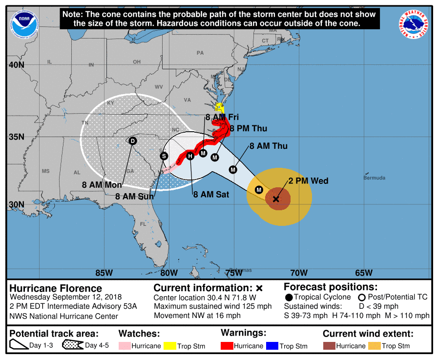 Florence on Sept. 12 at 2 p.m. was downgraded to a Category 3 hurricane with 125 mph winds, but it is expected to still strengthen. The NHC said that the “peak winds have decreased slightly, but the size of the wind field as increased.” (NHC)