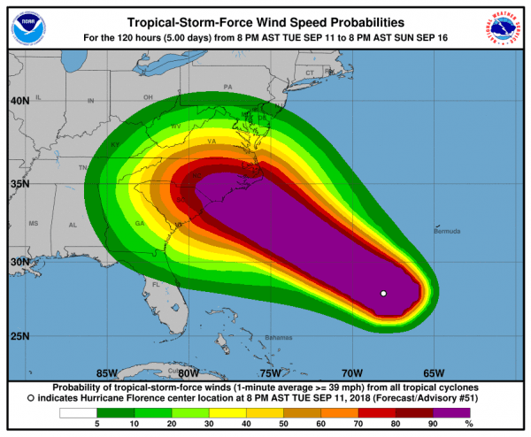 Hurricane Florence 11 p.m. wind forecast on Sept. 11, 2018, from the National Hurricane Center. (NHC)