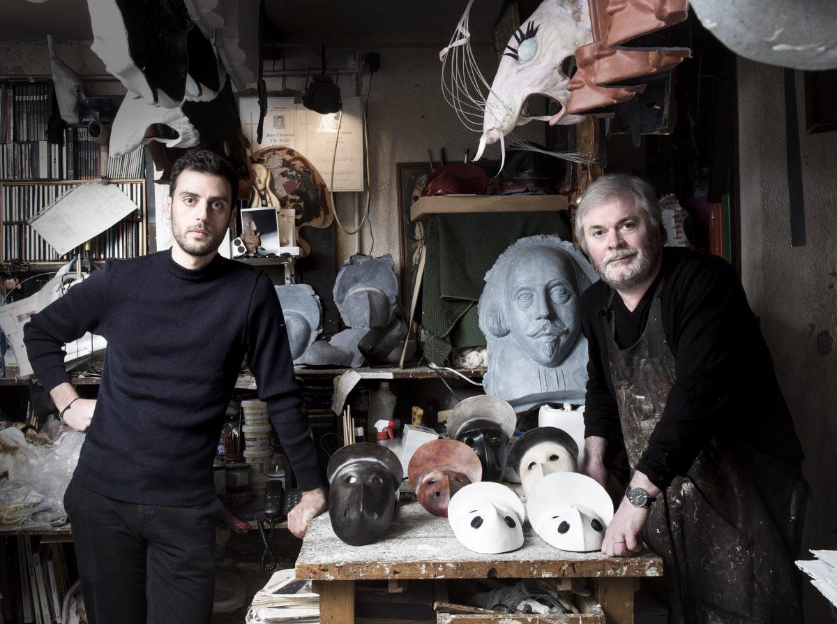(L) French designer Philippe Tabet and Sergio Boldrin, Venetian mask maker, of La Bottega<br/>dei Mascareri. (Laila Pozzo/Michelangelo Foundation for Creativity and Craftsmanship)