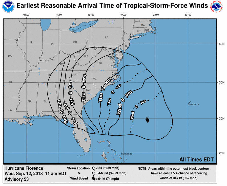 The latest wind outlook for Hurricane Florence posted by the NHC on Sept. 12 at 5 p.m. (NHC )