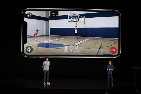 Former NBA player Steve Nash and Todd Howard, Game Director, speaks on stage at an Apple Inc product launch event at the Steve Jobs Theater in Cupertino, California, on Sept. 12, 2018. (Stephen Lam/Reuters)