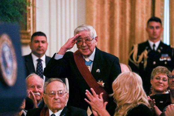 Korean War veteran Hiroshi Miyamura salutes President Donald Trump at the Congressional Medal of Honor Society Reception at the White House on Sept. 12, 2018. (Charlotte Cuthbertson/The Epoch Times)