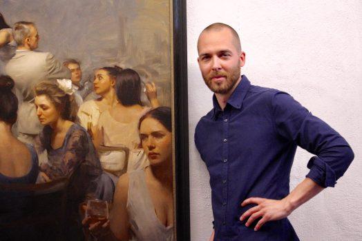 Artist Nick Alm next to his painting "Café scene” at the opening of the exhibition “It’s about us,” on June 30, 2018, at the Krapperup art gallery. (Susanne W. Lamm/ The Epoch Times)