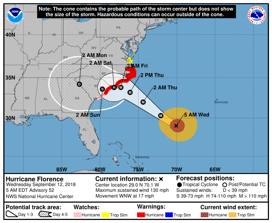 A forecast shows Hurricane Florence approaching the East Coast of the United States. The forecast shows landfall occurring early on Sept. 15, 2018 after an update indicated weather conditions would slow down the storm; the update was issued on Sept. 12, 2018. (National Hurricane Center)