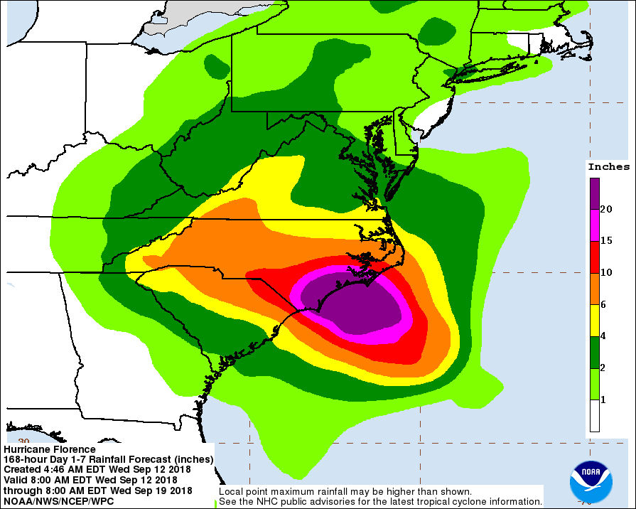 A map shows projected rainfall brought by Hurricane Florence across the Carolinas and the Mid-Atlantic, from the National Hurricane Center on Sept. 12, 2018. (National Hurricane Center)