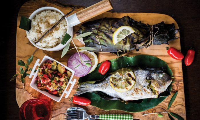 Inihaw na Isda at Ensaladang Talong: Stuffed Fish Grilled in Banana Leaves and Eggplant Salad With Toasted Pancetta