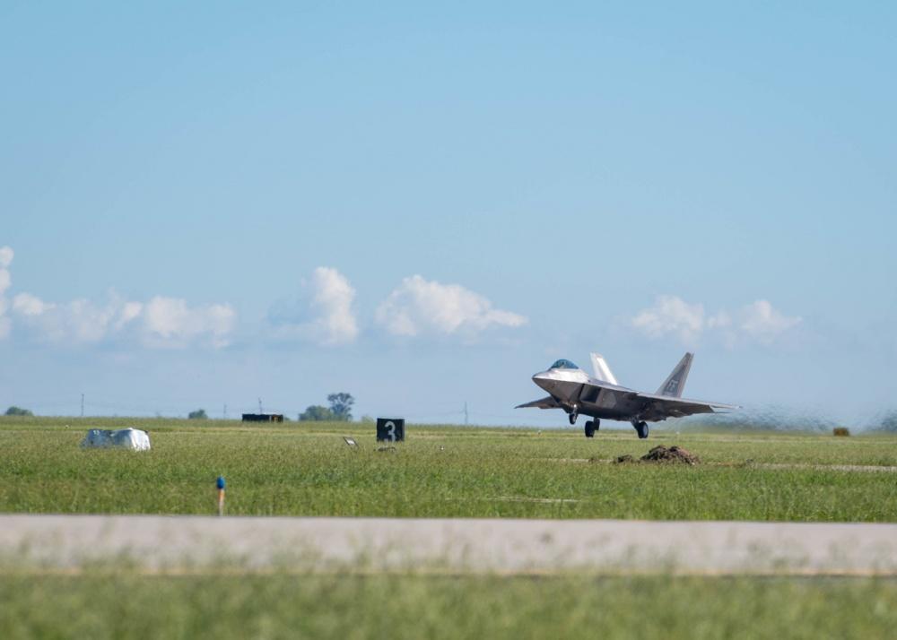 A U.S. Air Force F-22 Raptor takes off in preparation to relocate in advance of hurricane Florence at Joint Base Langley-Eustis, Virginia, on Sept. 11, 2018. (U.S. Air Force photo by Airman 1st Class Anthony Nin Leclerec)