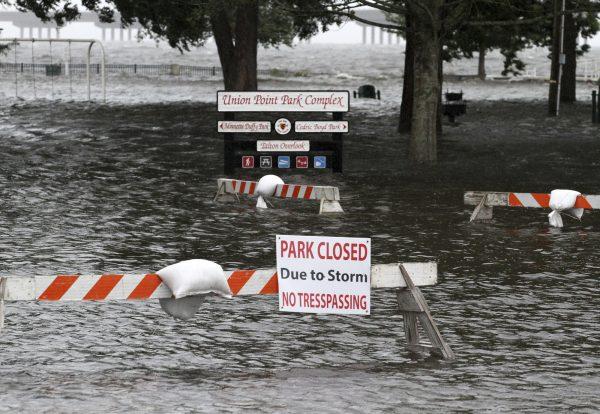 Union Point Park is flooded with rising water from the Neuse and Trent Rivers in New Bern, N.C., Sept. 13, 2018. Hurricane Florence already has inundated coastal streets with ocean water and left tens of thousands without power, and more is to come. (Gray Whitley/Sun Journal via AP)