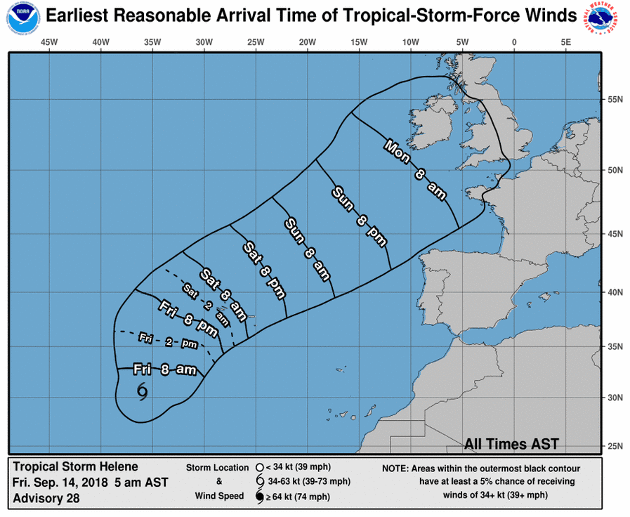 Helene, once a hurricane, is maintaining tropical storm strength and is slated to bring heavy winds and rains to the Azores islands over the weekend. (NHC)
