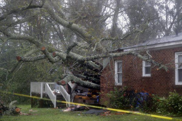 A fallen tree is shown after it crashed through the home where a woman and her baby were killed in Wilmington, N.C., after Hurricane Florence made landfall on Friday, Sept. 14, 2018. (AP Photo/Chuck Burton)