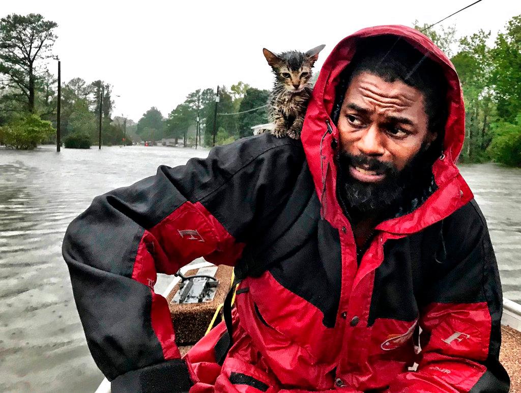 Robert Simmons Jr. and his kitten "Survivor" are rescued from floodwaters after Hurricane Florence dumped several inches of rain in the area overnight, Friday, Sept. 14, 2018 in New Bern, N.C. (Andrew Carter/The News & Observer via AP)