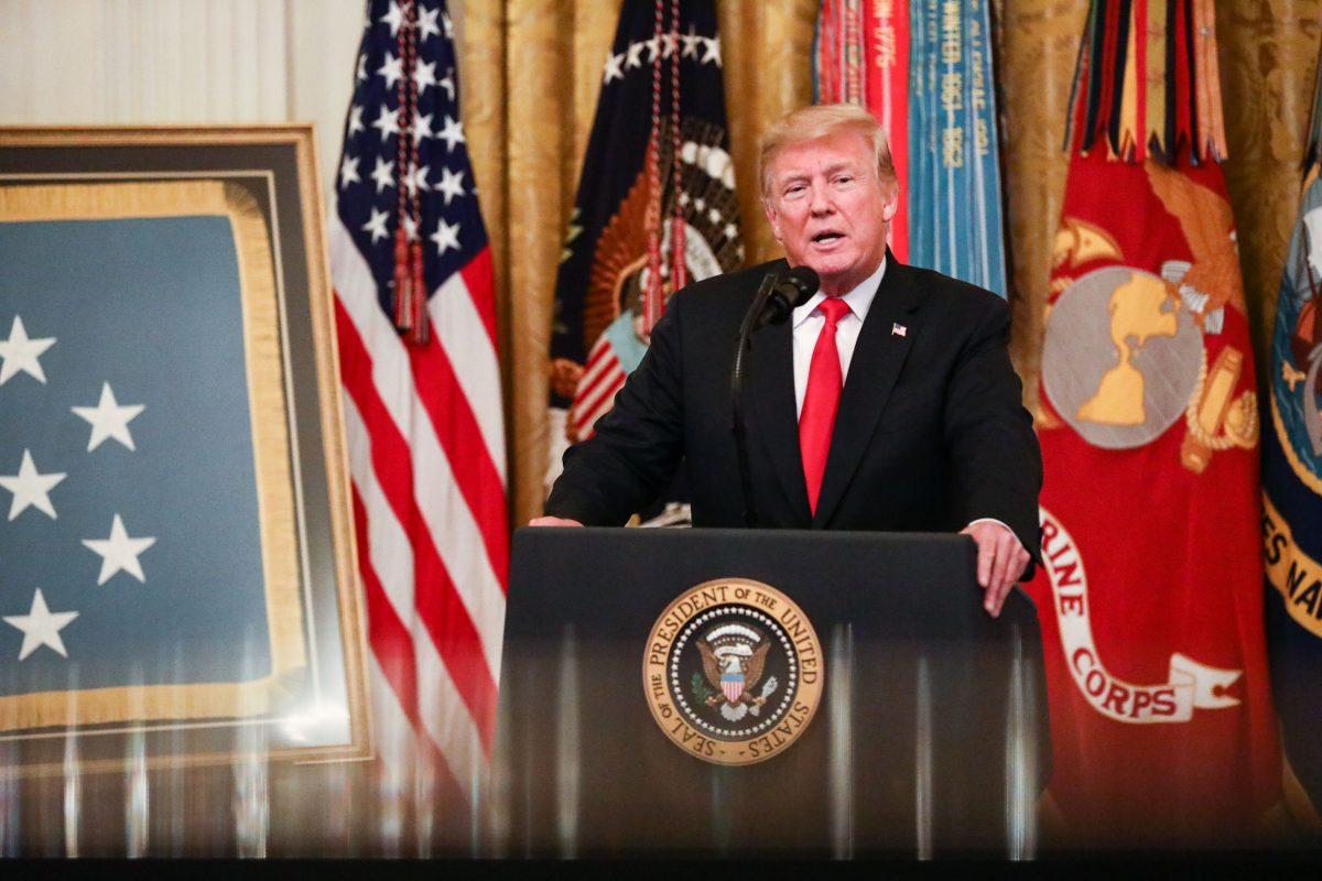 President Donald Trump delivers remarks at the Congressional Medal of Honor Society Reception in the East Room at the White House in Washington on Sept. 12, 2018. (Samira Bouaou/The Epoch Times)