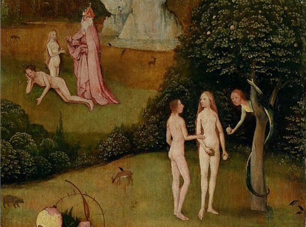 A detail from “The Haywain” in which Adam and Eve are tempted by the serpent. (Public Domain)